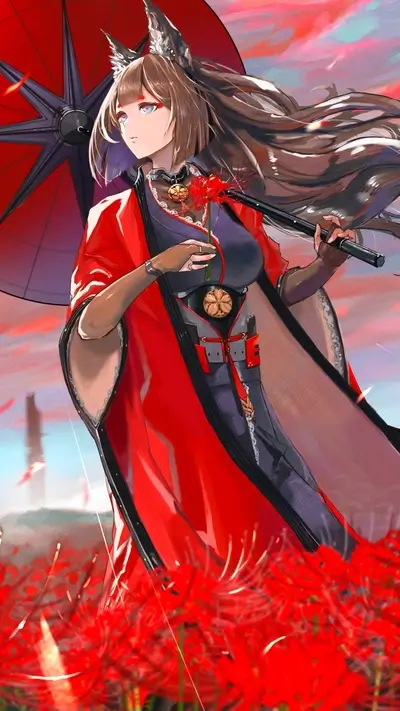 Fox girl with umbrella surrounded by red spider lilies
