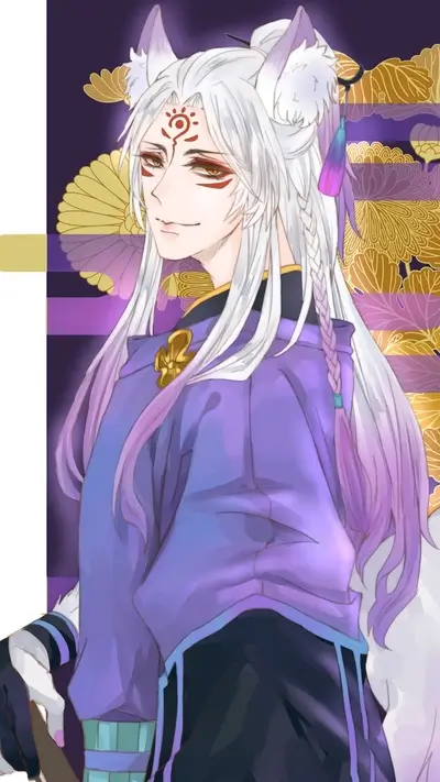 Fox spirit with white hair, red markings, wearing a purple jacket