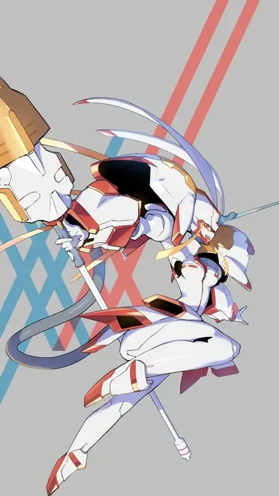 Franxx's Strelizia in dynamic pose, with background featuring colorful diamond patterns and stripes