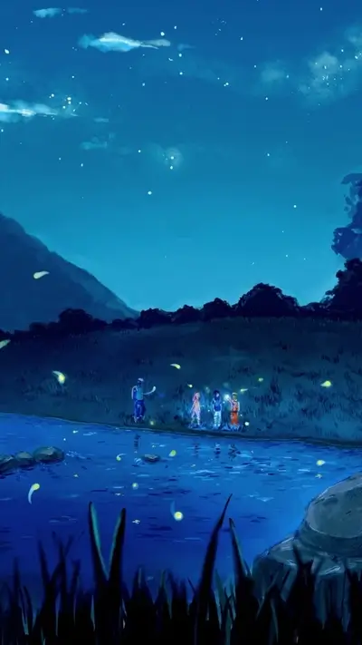 Friends walking by a river at night