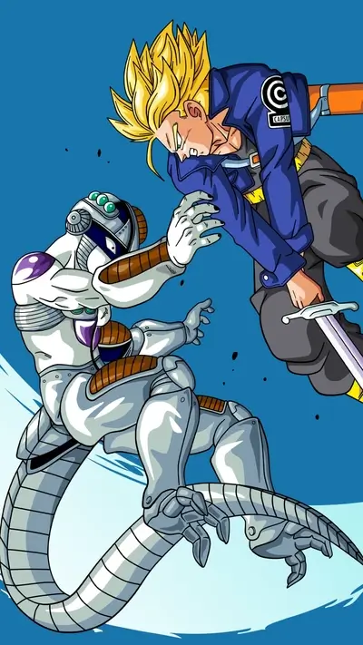 Frieza's robotic form engaging in combat with Super Saiyan Trunks