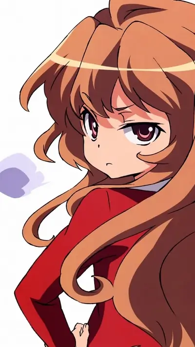 Frowning girl with brown hair wearing red clothing, steaming
