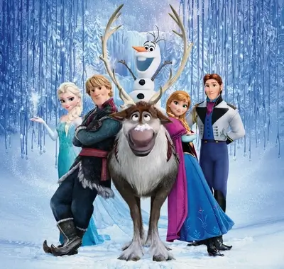 Frozen characters standing together in a snowy forest