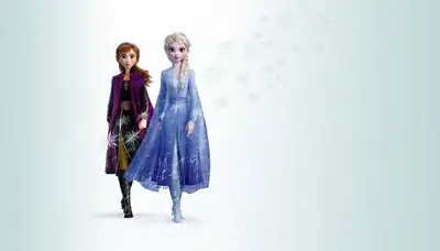 Frozen sisters walking together, snowflakes falling