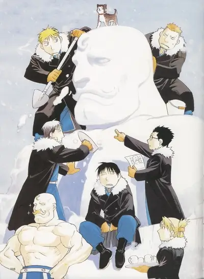 Fullmetal Alchemist characters building a snowman