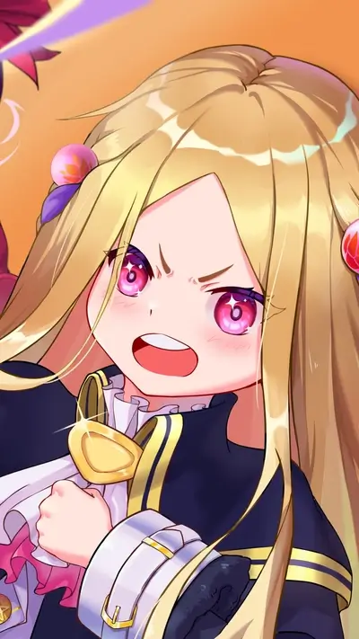 Furious blonde-haired girl with bright pink eyes