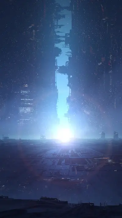 Futuristic city at night with a glowing path to space