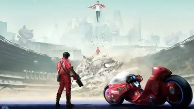 Futuristic city landscape with a lone figure and motorcycle