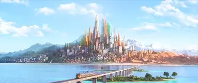 Futuristic city on a peninsula, train on a bridge