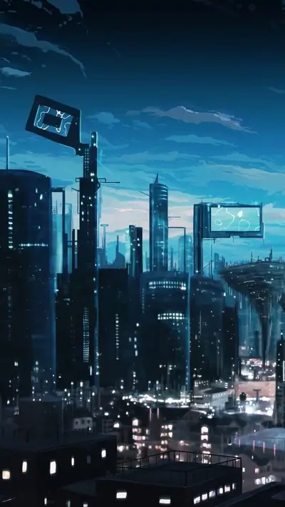 Futuristic city skyline with tall buildings and large screens at night