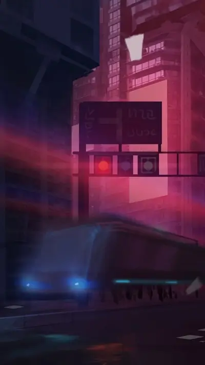 Futuristic city street at night, vehicle driving through