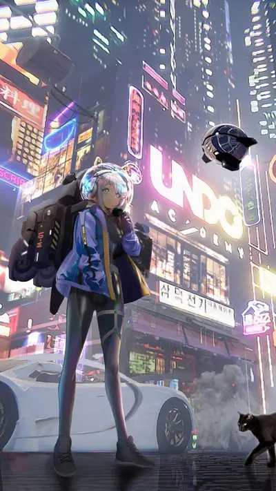 Futuristic city street, bright neon lights, cute anime-inspired girl, and hovering drones.