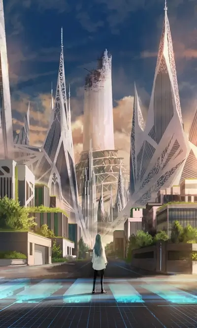 Futuristic city with towering buildings, advanced infrastructure, person standing on street