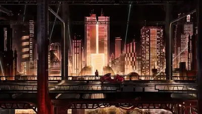 Futuristic cityscape at night, lone figure on a bridge