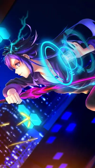 Futuristic girl ready for action, harnessing electricity with digital augmentation