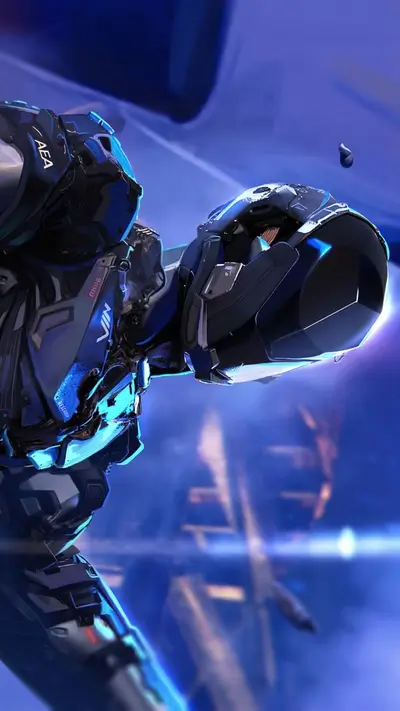 Futuristic robot in a blue environment