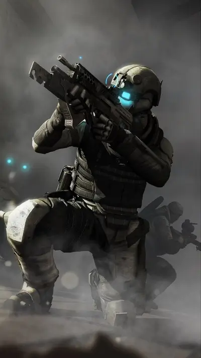 Futuristic soldier aiming weapon