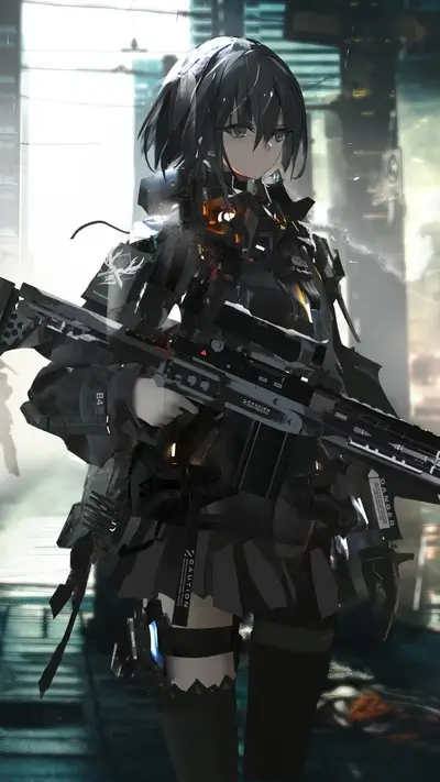Futuristic soldier, weaponry, armored attire, and urban backdrop