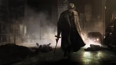Gangster walking through a city street at night after a shootout