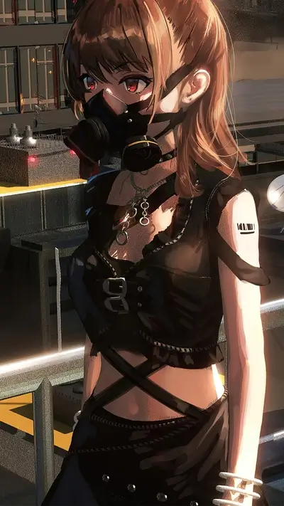Gas mask equipped woman in a cyberpunk-style, urban environment setting