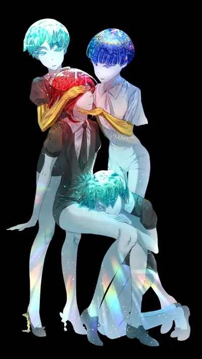 Gem beings: one sitting, another red, two others with golden arms