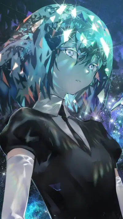 Gem girl with vibrant blue hair and dark clothing