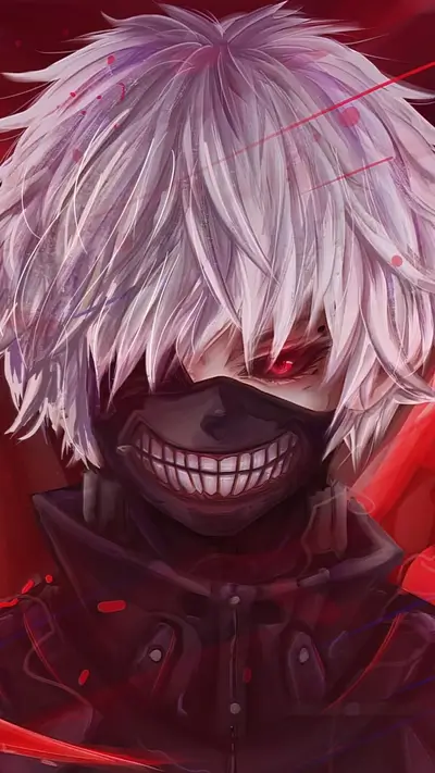 Ghoul with white hair and masked face shows an intense, menacing glare