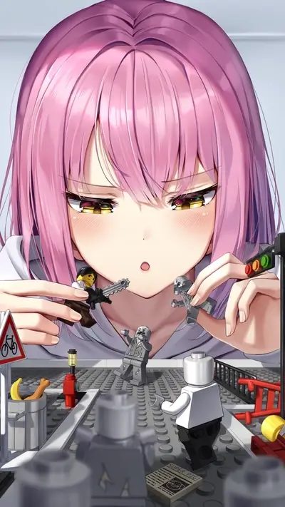Giant girl playing with Lego figurines