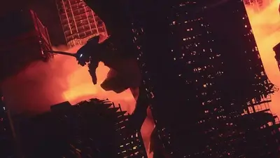 Giant mecha amidst burning city ruins