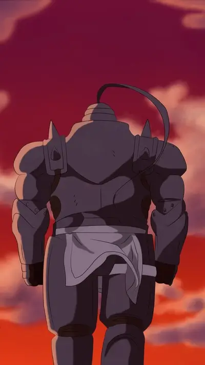 Giant metal figure walking away from sunset
