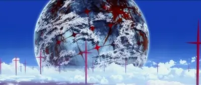 Giant moon marked with blood above clouds with red crosses