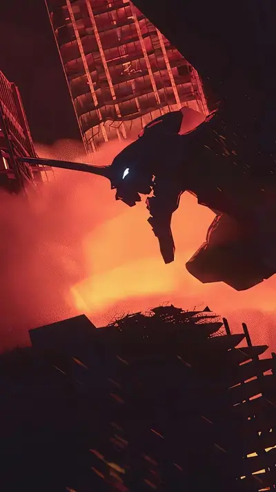Giant robot attacking city at night