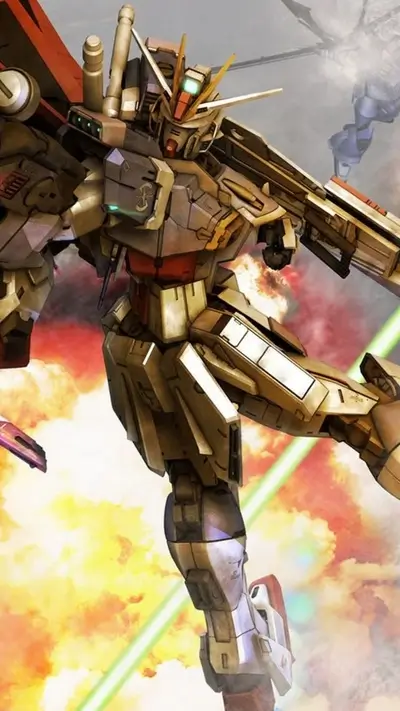 Giant robot engaging in intense battle, explosions and energy beams