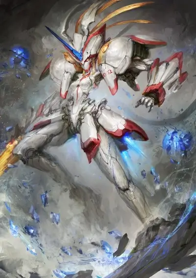 Giant robot in action, surrounded by blue fragments