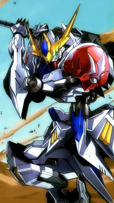 Giant robot in desert, wielding a weapon