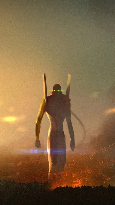 Giant robot walking over fiery landscape