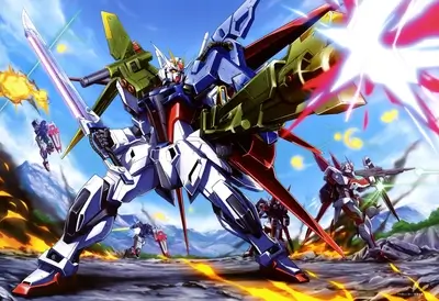 Giant robots battling in a fiery landscape