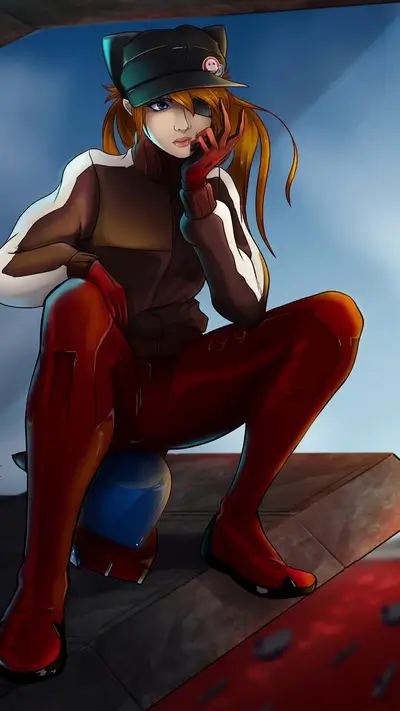 Ginger-haired woman with eyepatch and cap, perched on helmet.