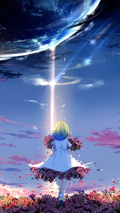 Girl admiring bright light, surrounded by flowers and petals under the cosmos.