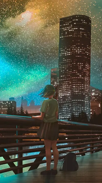 Girl admiring cityscape at night, shimmering sky and tall building