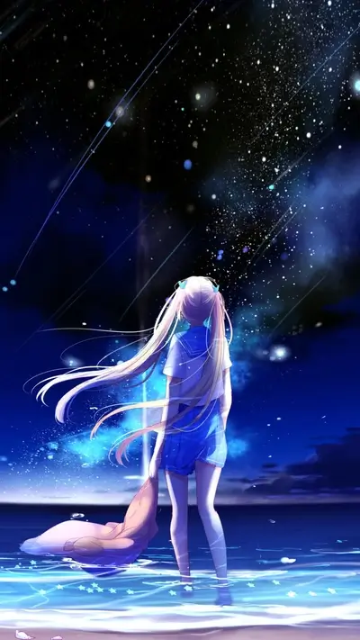 Girl admiring stars, night sky over ocean, wearing blue sailor dress