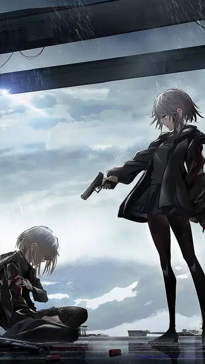Girl aiming a gun at another girl in the rain