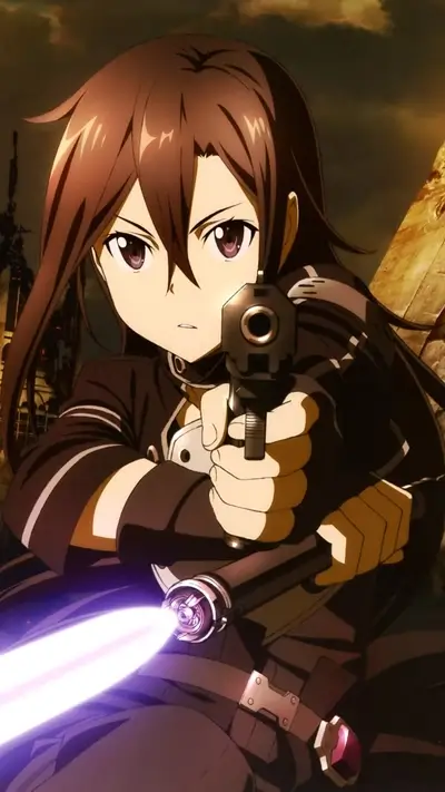 Girl aiming a gun, purple light effect