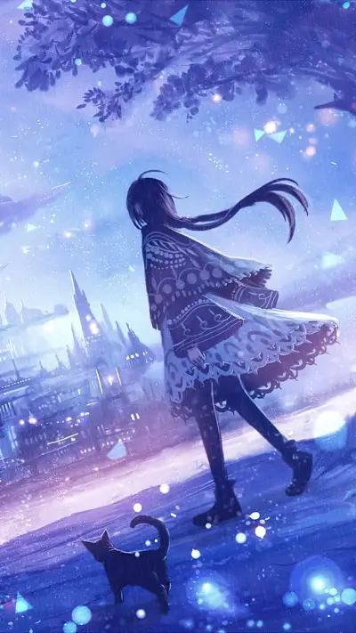 Girl and black cat walk in magical world with cityscape under starry sky