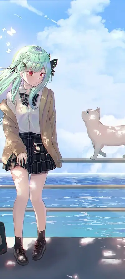 Girl and cat at seaside, light green long hair, skirt, jacket
