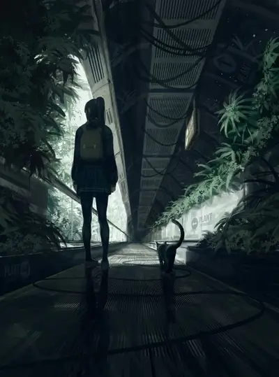 Girl and cat on a futuristic overgrown walkway