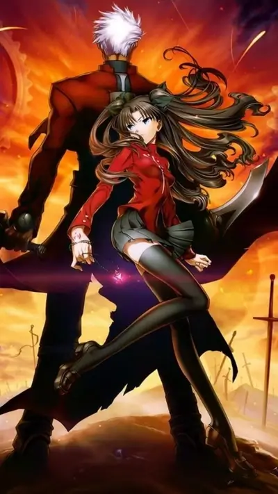Girl and man with swords in battlefield under orange and red sky