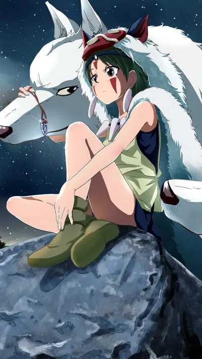 Girl and wolf looking off sitting on a stone beneath the stars