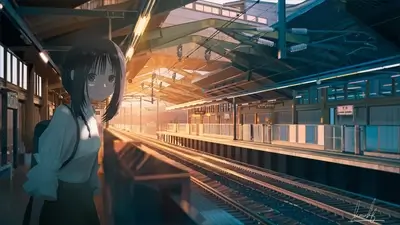 Girl at a train station during sunset