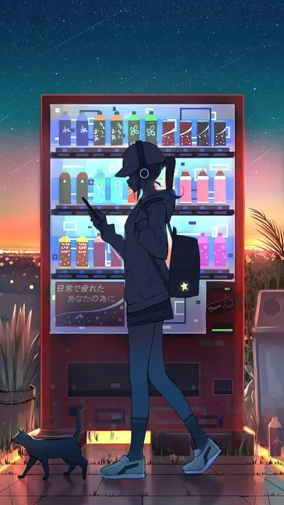 Girl at a vending machine under the night sky